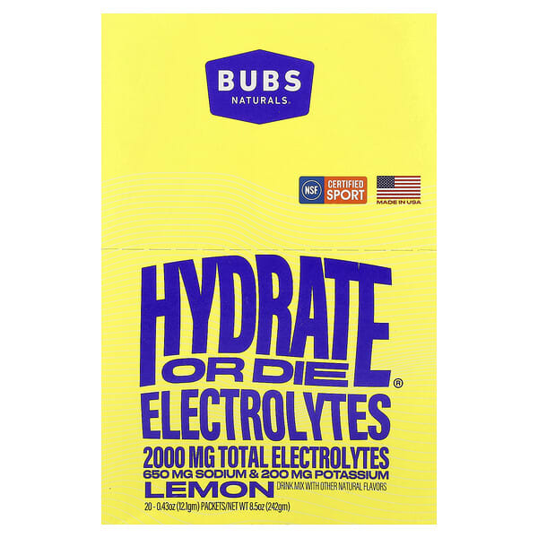 bun88048_v_18.jpg Hydrate or Die®, смесь для приготовления электролитического напитка, со вкусом лимона, 20 пакетиков по 12,1 г (0,43 унции) — BUBS Naturals