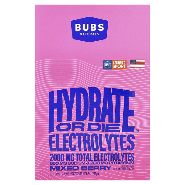 bun88049_v_18.jpg Hydrate or Die®, смесь для приготовления электролитического напитка, со вкусом ягодного ассорти, 20 пакетиков по 12,3 г (0,43 унции) — BUBS Naturals