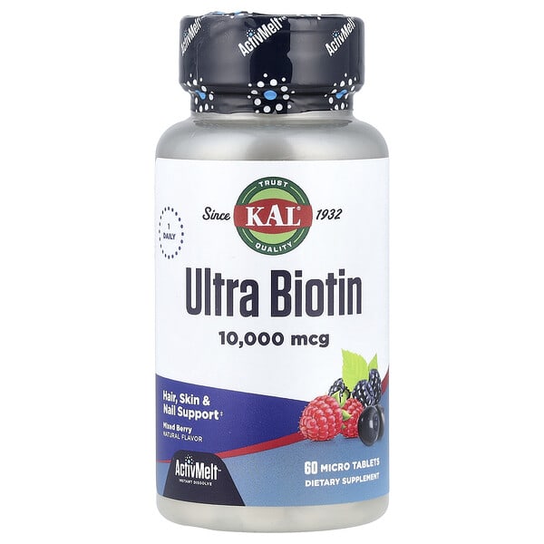 cal23425_v_31.jpg Ultra Biotin, ActivMelt™, биотин, со вкусом ягодного ассорти, 10 000 мкг, 60 микротаблеток — KAL
