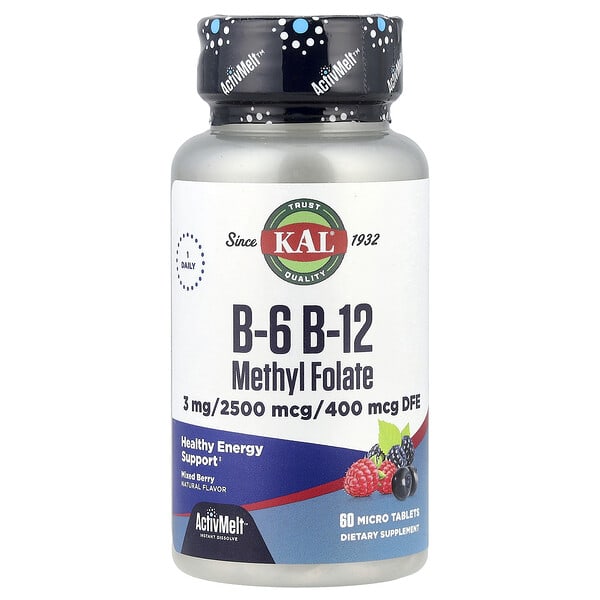 cal29151_v_58.jpg витамин B-6, витамин B-12 метилфолат, ягодное ассорти, 60 микротаблеток — KAL