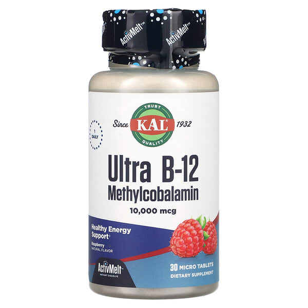 cal35661_v_31.jpg Ultra B12, метилкобаламин, со вкусом малины, 10 000 мкг, 30 микротаблеток — KAL