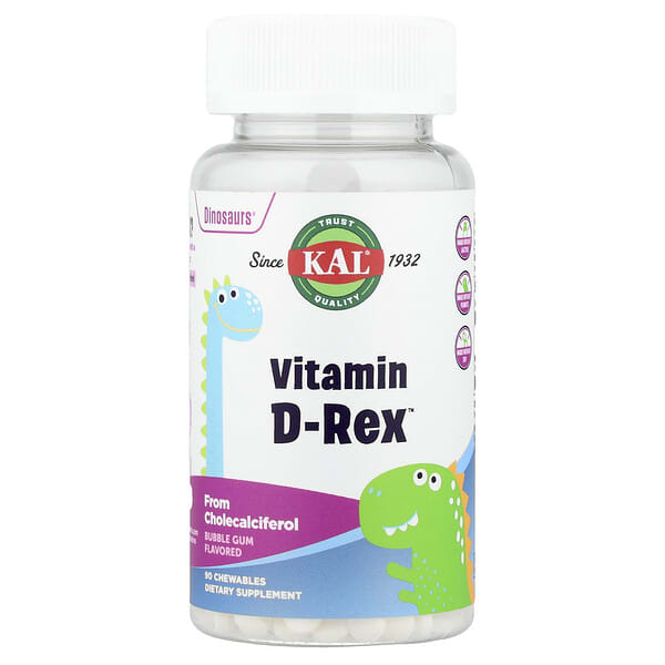 cal46202_v_162.jpg Dinosaurs®, витамин D-Rex™, жевательная жевательная таблетка, 90 жевательных таблеток (10 мкг в одной жевательной таблетке) — KAL