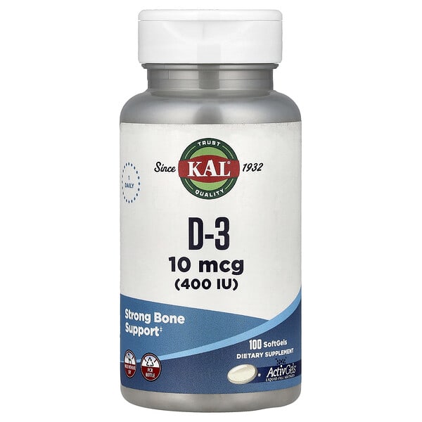 cal60000_v_25.jpg D-3, 10 мкг (400 МЕ), 100 мягких таблеток — KAL