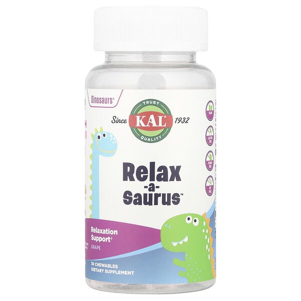 cal60221_v_67.jpg Dinosaurs®, Relax-a-Saurus™, добавка для расслабления, виноградный вкус, 30 жевательных таблеток — KAL