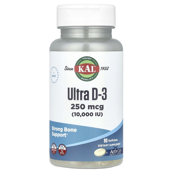 cal78287_v_56.jpg Ultra D-3, витамин D3, 250 мкг (10 000 МЕ), 90 мягких таблеток — KAL
