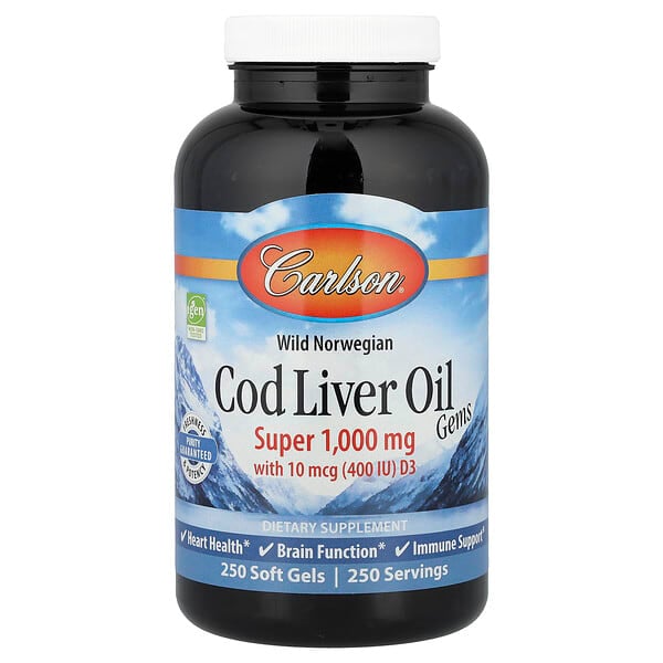 car01302_v_97.jpg Cod Liver Oil Gems, капсулы из жира печени дикой норвежской трески, высшего качества, 1000 мг, 250 капсул — Carlson