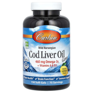 Cod Liver Oil Gems, жир из печени норвежской трески дикого улова, с натуральным лимонным вкусом, 460 мг, 150 капсул (230 мг в 1 капсуле) — Carlson