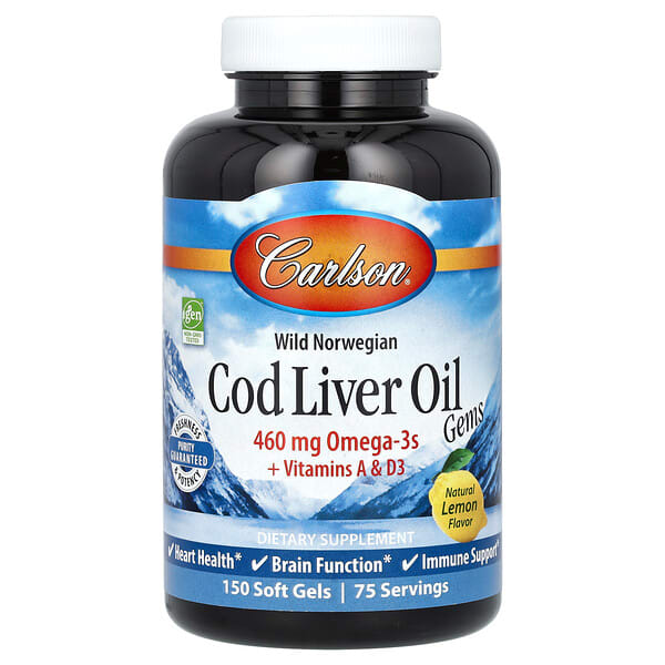 car01381_v_54.jpg Cod Liver Oil Gems, жир из печени норвежской трески дикого улова, с натуральным лимонным вкусом, 460 мг, 150 капсул (230 мг в 1 капсуле) — Carlson