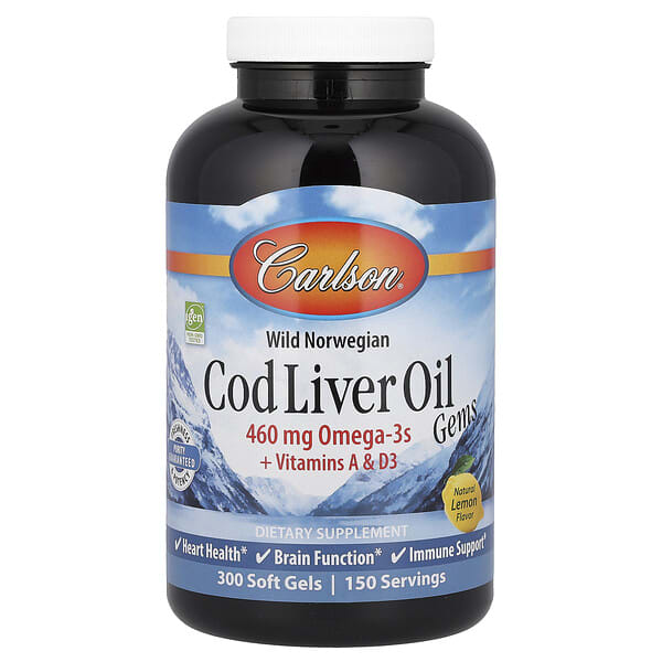 car01383_v_42.jpg Wild Norwegian, Cod Liver Oil Gems, жир печени дикой норвежской трески в капсулах, натуральный лимон, 300 капсул — Carlson