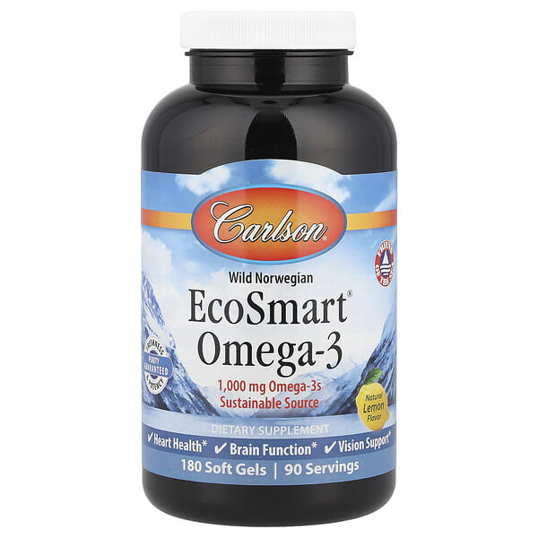car01802_v_50.jpg EcoSmart®, омега-3 из норвежских морепродуктов дикого улова, с натуральным лимонным вкусом, 180 капсул — Carlson