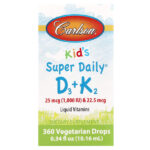 Super Daily D3+K2 для детей, 25 мкг (1000 МЕ) и 22,5 мкг, 10,16 мл (0,34 жидк. унции) — Carlson