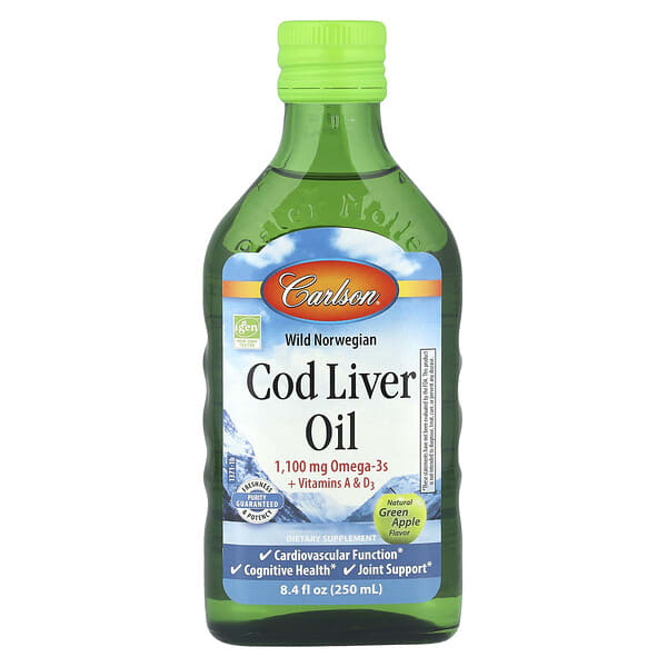 car13710_v_24.jpg Cod Liver Oil, Natural Green Apple , 1,100 mg, 8.4 fl oz (250 ml) — Carlson