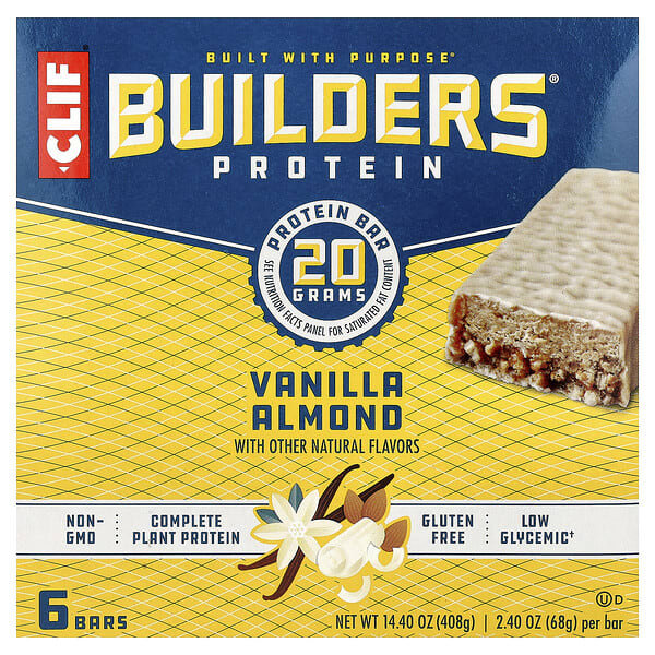 cbi16859_v_20.jpg Builders® Protein Bar, Vanilla Almond, 6 Bars, 2.4 oz (68 g) Each — Clif Bar