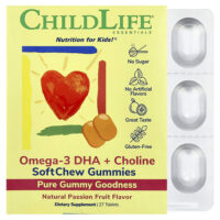 Essentials, омега-3 с ДГК и холином, жевательные таблетки SoftChew Gummies, со вкусом маракуйи, 27 таблеток — ChildLife Essentials