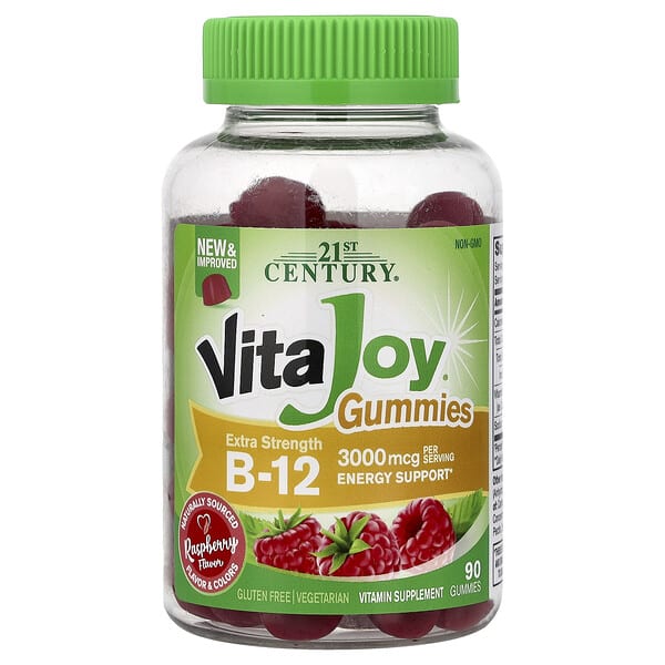 cen28086_v_29.jpg 21st Century, VitaJoy®, жевательный витамин B12, со вкусом малины, 90 жевательных таблеток (1500 мкг в 1 таблетке)