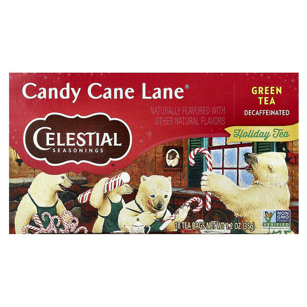 ces10072_v_41.jpg Holiday Green Tea, Candy Cane Lane®, без кофеина, 18 чайных пакетиков, 35 г (1,2 унции) — Celestial Seasonings