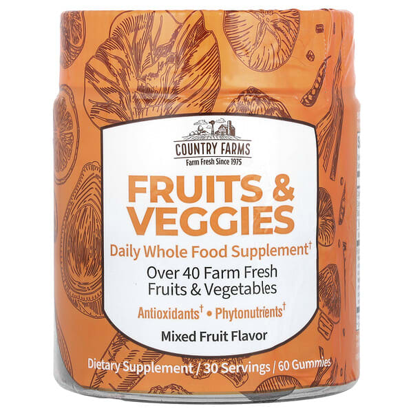 cfm13335_v_8.jpg Fruits & Veggies, ежедневная цельнопищевая добавка, ассорти фруктов, 60 жевательных таблеток — Country Farms