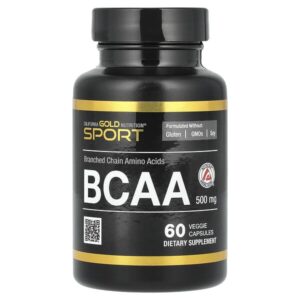 BCAA, аминокислоты с разветвлённой цепью AjiPure® 2:1:1 с L-лейцином, L-изолейцином и L-валином, 500 мг, 60 растительных капсул — California Gold Nutrition