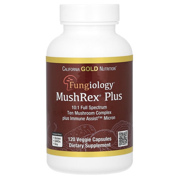 cgn01258_v_80.jpg Fungiology, MushRex Plus, комплекс из 10 грибов полного спектра с агариком, чагой, кордицепсом и ежовиком гребенчатым, 120 капсул Plantcaps — California Gold Nutrition