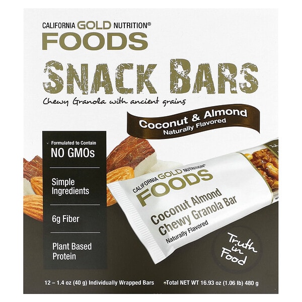 cgn01324_v_68.jpg Foods, батончики-мюсли с клюквой и миндалём, 12 шт. по 40 г (1,4 унции) — California Gold Nutrition