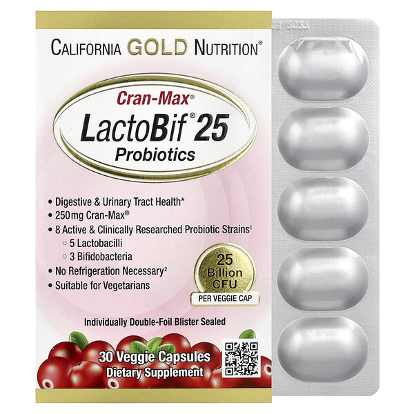 cgn01334_v_117.jpg CranMax®, LactoBif®, пробиотики, 25 млрд КОЕ, 30 растительных капсул — California Gold Nutrition
