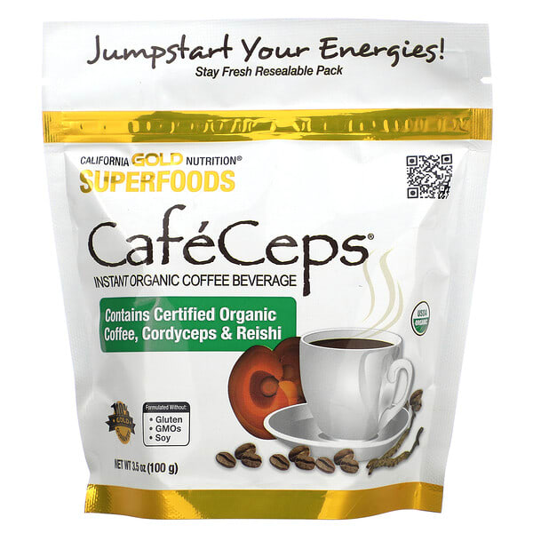 cgn01346_v_19.jpg CafeCeps, сертифицированный органический растворимый кофе с порошком из органических грибов кордицепса и рейши полного спектра, 100 г (3,5 унции) — California Gold Nutrition