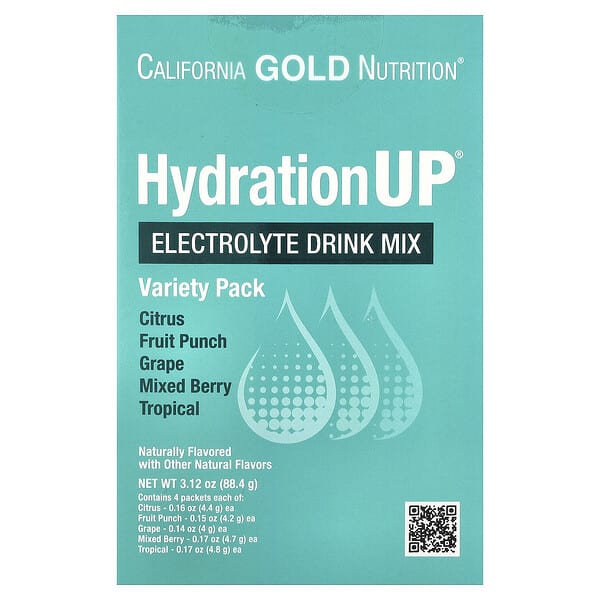 cgn01402_v_169.jpg HydrationUP®, смесь для приготовления напитка с электролитами, с лактатом кальция, витаминами C и E, ассорти вкусов, 20 пакетиков по 4–4,8 г (0,14–0,17 унции) — California Gold Nutrition