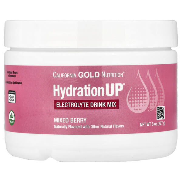 cgn01746_v_89.jpg HydrationUP®, смесь для приготовления электролитического напитка с кальцием, калием, витамином C и витамином E, со вкусом ягодного ассорти, 227 г (8 унций) — California Gold Nutrition