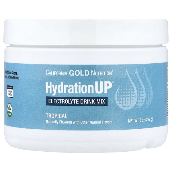 cgn01748_v_67.jpg Beverces, HydrationUP®, смесь для приготовления электролитического напитка с кальцием, калием, витамином C и витамином E, тропический вкус, 227 г (8 унций) — California Gold Nutrition