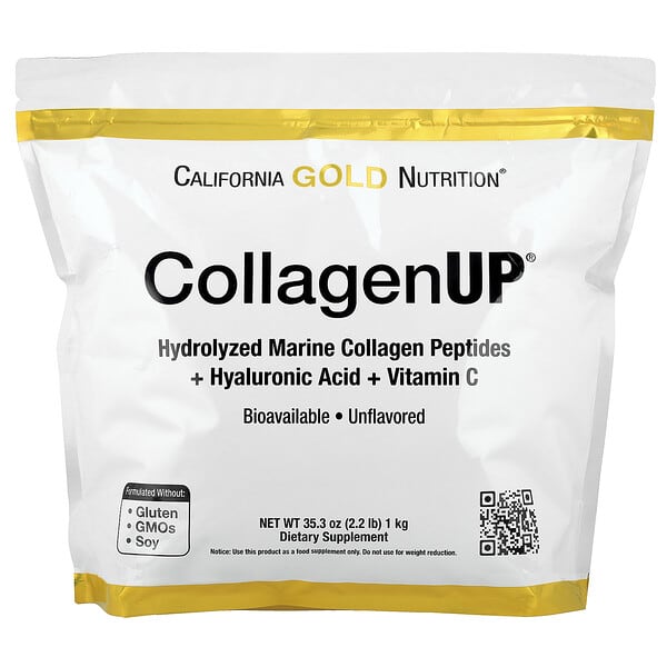 cgn02101_v_38.jpg CollagenUP®, гидролизованные пептиды морского коллагена с гиалуроновой кислотой и витамином C, с нейтральным вкусом, 1 кг (2,2 фунта) — California Gold Nutrition