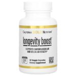 Longevity Boost с транс-ресвератролом, экстрактом листьев оливкового дерева, смесью экстрактов винограда и среднецепочечными триглицеридами, 60 растительных капсул — California Gold Nutrition