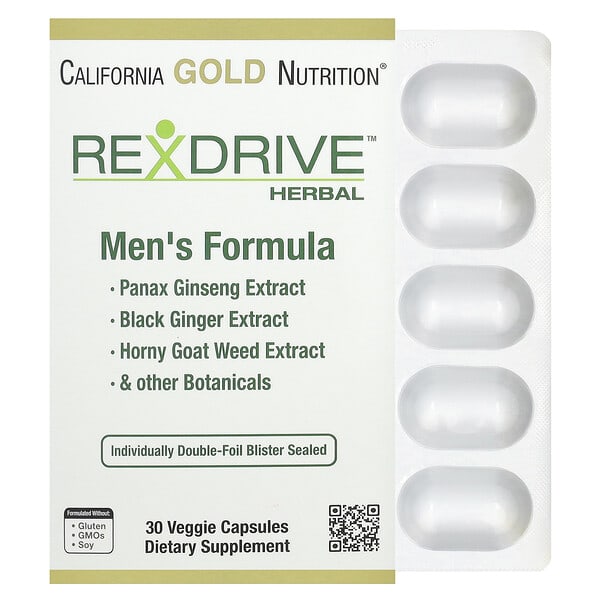 cgn02436_v_18.jpg Rexdrive™, растительная добавка для мужчин, с экстрактами женьшеня обыкновенного, чёрного имбиря, горянки и растительными смесями, 30 растительных капсул — California Gold Nutrition
