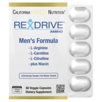 Rexdrive™ Amino, добавка для мужчин с L-аргинина гидрохлоридом, L-цитруллином, ацетил-L-карнитин аргината дигидрохлоридом и глицин пропионил-L-карнитина гидрохлоридом, 60 растительных капсул — California Gold Nutrition