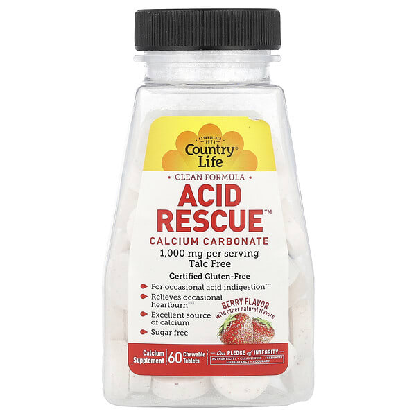 clf05392_v_26.jpg Acid Rescue, карбонат кальция, ягодный вкус, 60 жевательных таблеток — Country Life