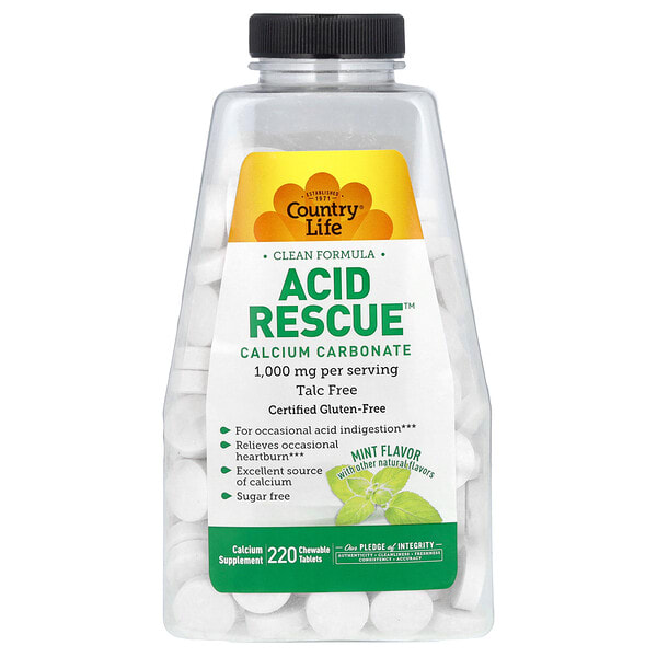 clf05402_v_8.jpg Acid Rescue, карбонат кальция, мята, 220 жевательных таблеток — Country Life