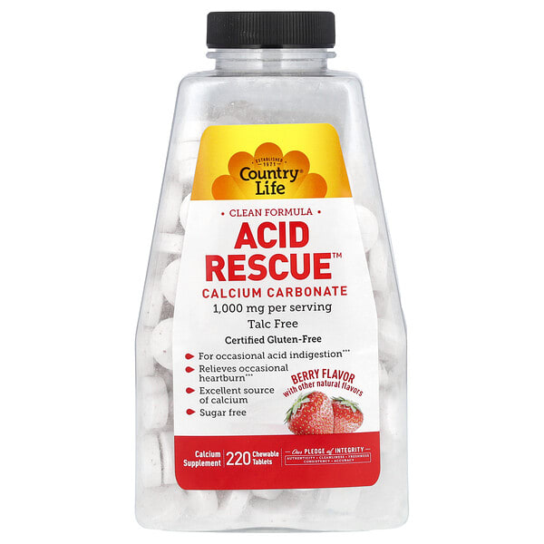 clf05403_v_8.jpg Acid Rescue, карбонат кальция, ягодный вкус, 220 жевательных таблеток — Country Life