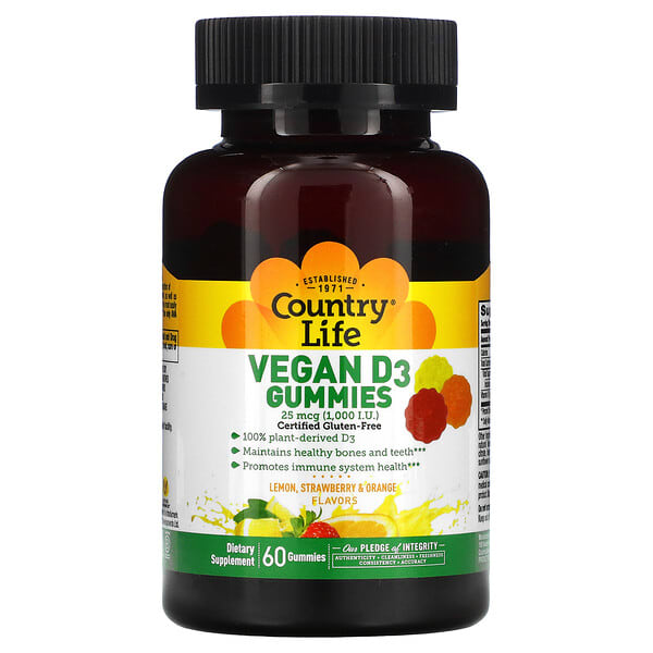 clf05822_v_3.jpg Vegan D3 Gummies, Lemon, Strawberry & Orange Flavors, 1000 IU, 60 Gummies — Country Life