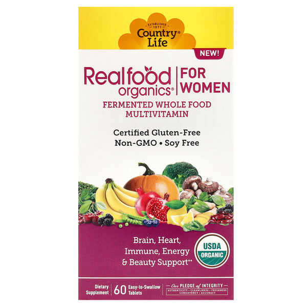 clf09127_v_20.jpg Realfood Organics, мультивитамины для женщин, 60 таблеток, которые легко глотать — Country Life