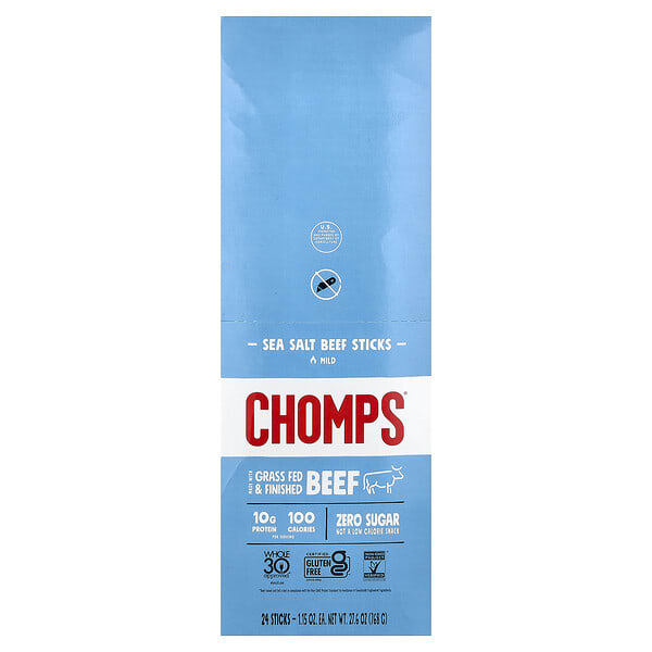cmp00472_v_20.jpg Sea Salt Beef Stick, Mild, 24 Sticks, 1.15 oz (32 g) Each — Chomps