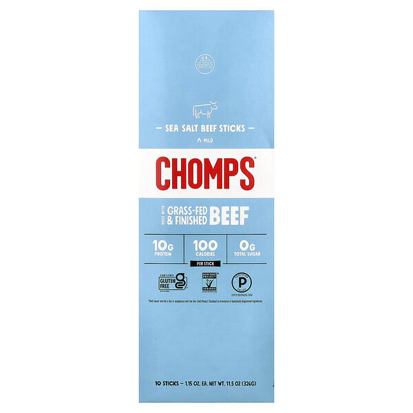 cmp00485_v_20.jpg Beef Sticks, Mild, Sea Salt, 10 Pack, 1.15 oz (32 g) Each — Chomps