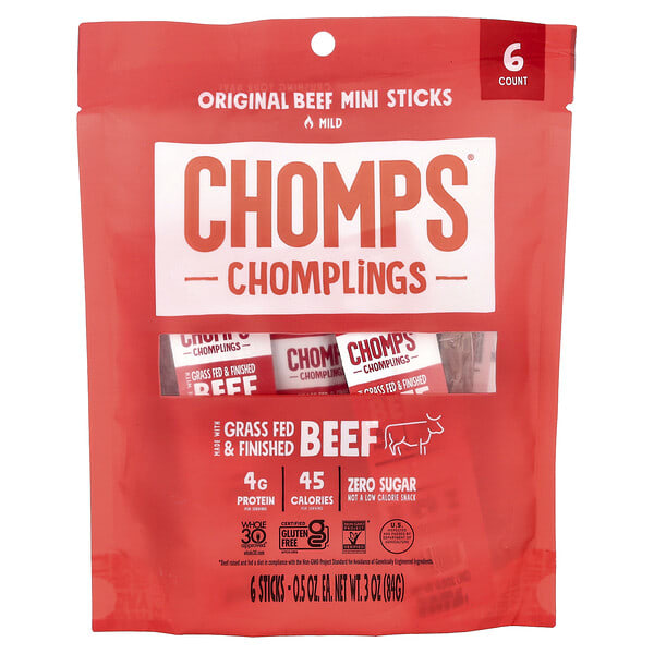 cmp00486_v_3.jpg Chomplings, оригинальные говяжьи мини-стики, неострый вкус, 6 палочек по 14 г (0,5 унции) — Chomps