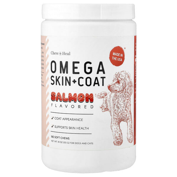 cnh71176_v_24.jpg Omega Skin + шерсти, для собак и кошек, со вкусом лосося, 180 жевательных таблеток, 513 г (18 унций) — Chew + Heal