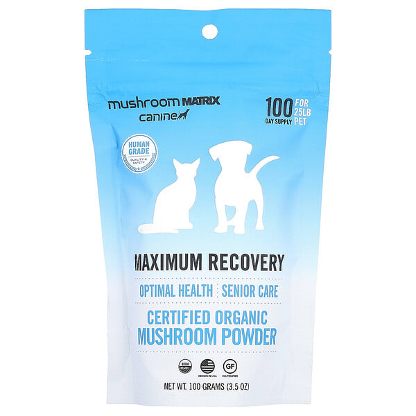 cnm00484_v_4.jpg Maximum Recovery, сертифицированный органический грибной порошок, для домашних животных, 9 кг (25 фунтов), для собак и кошек, 100 г (3,5 унции) — Mushroom Matrix Canine