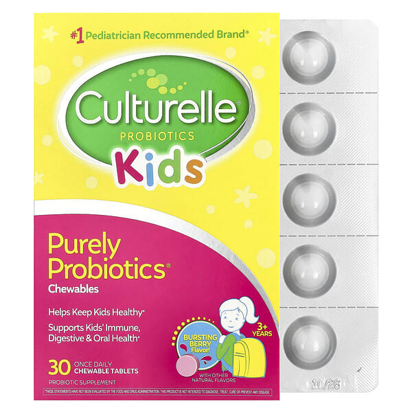 ctl40015_v_66.jpg Kids, Purely Probiotics®, чистые пробиотики, для детей старше 3 лет, интенсивный ягодный вкус, 30 жевательных таблеток (25 мг в 1 таблетке) — Culturelle
