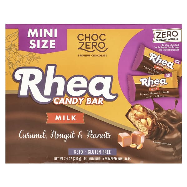 czo44778_v_6.jpg Rhea Candy Bar, молоко, карамель, нуга и арахис, 15 батончиков, 14 г (0,5 унции) каждый — ChocZero