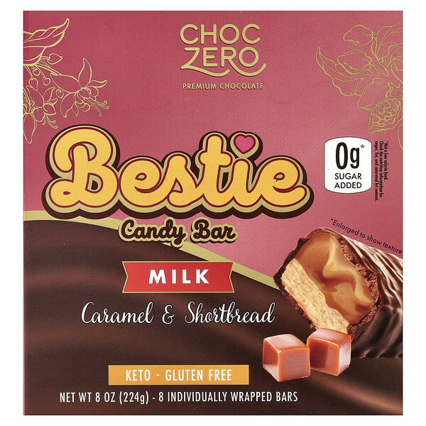 czo50222_v_18.jpg Bestie Candy Bar, батончики с молоком, карамелью и песочным печеньем, 8 батончиков в индивидуальной упаковке, 28 г (1 унция) каждый — ChocZero
