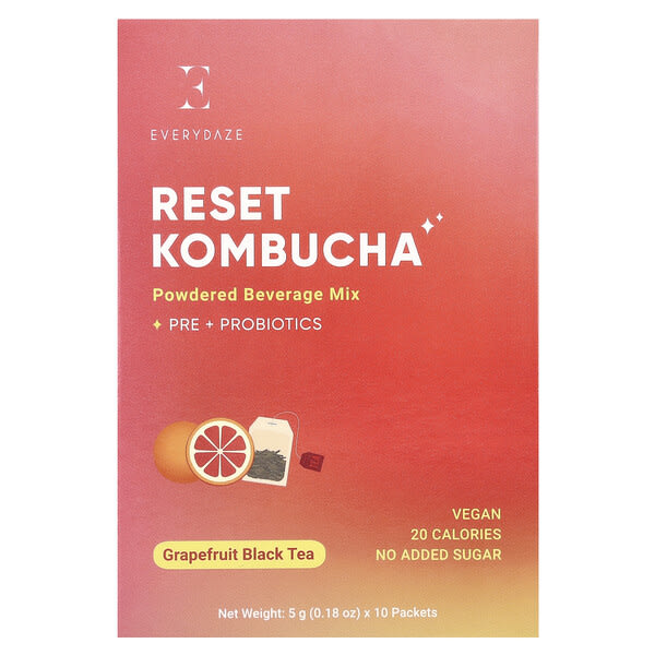 daz56261_v_17.jpg Reset Kombucha, порошковая смесь для напитков, грейпфрутовый черный чай, 10 пакетиков по 5 г (0,18 унции) — Everydaze