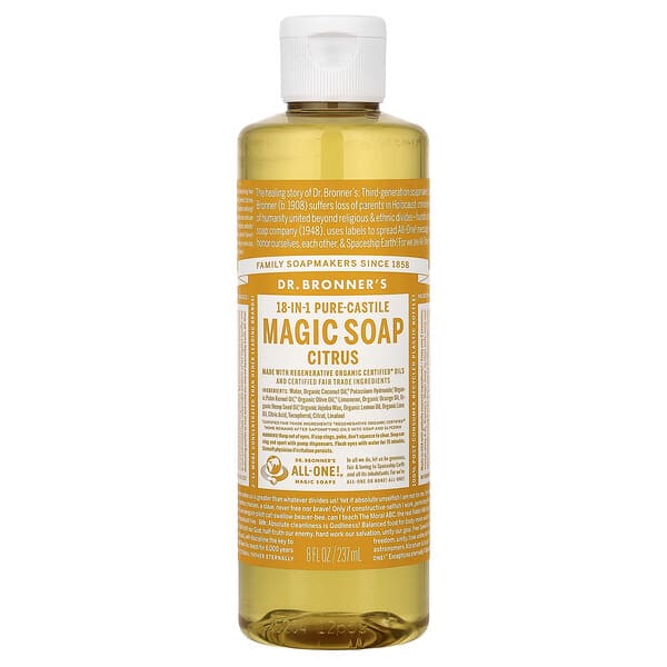 dbr77708_v_10.jpg 18-IN-1 Pure-Castile Magic Soap Citrus, 8 fl oz — Dr. Bronner's