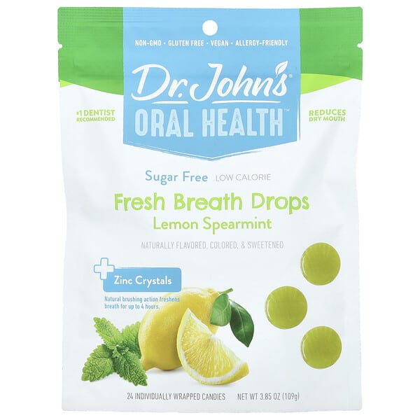 djh00973_v_8.jpg Oral Health™, капли для свежести дыхания, с кристаллами цинка, лимон и мята, без сахара, 24 конфеты в индивидуальной упаковке, 109 г (3,85 унции) — Dr. John's Healthy Sweets
