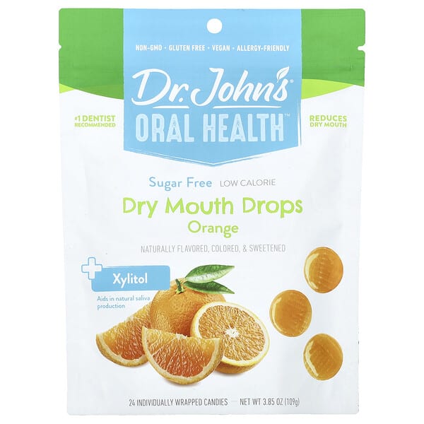 djh00987_v_8.jpg Oral Health™, капли от сухости для рта, с ксилитолом, апельсин, 24 конфеты в индивидуальной упаковке. 109 г (3,85 унции) — Dr. John's Healthy Sweets